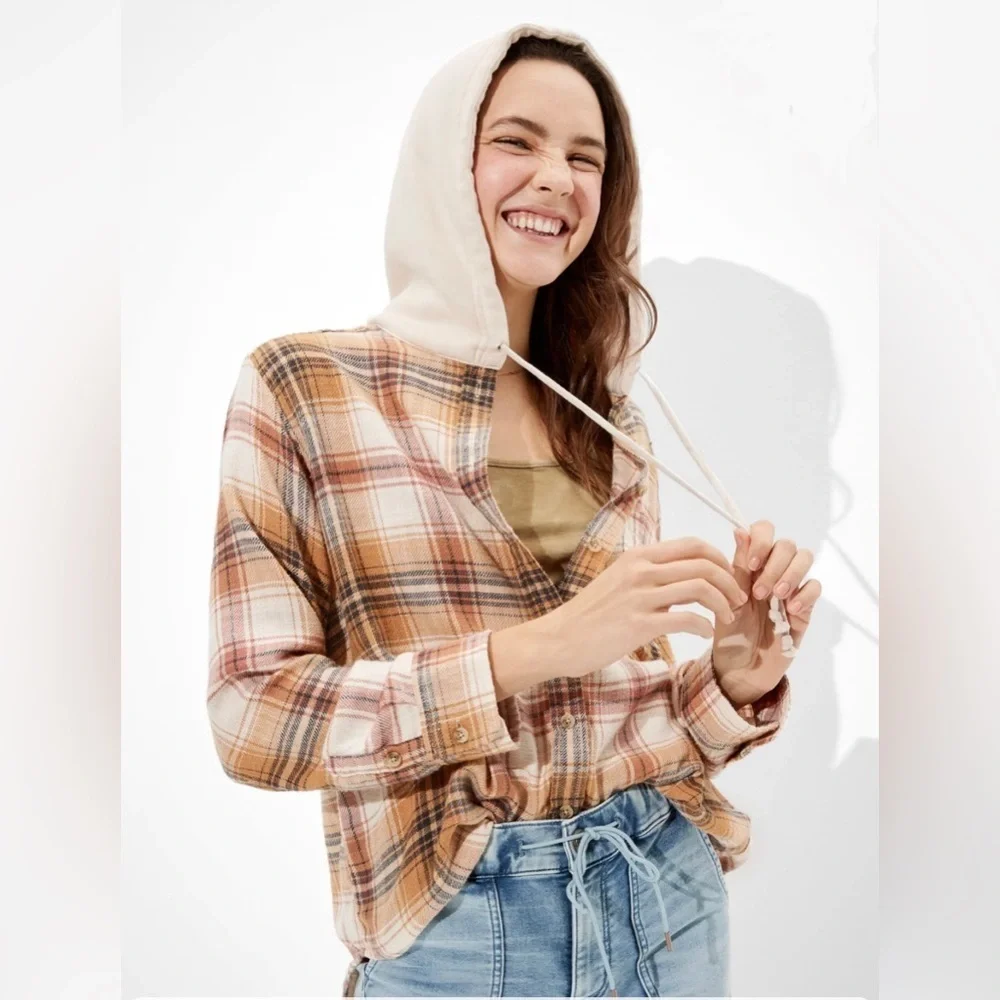 American Eagle Outfitters Plaid Flannel Hooded Shirt, OVERSIZED, size small - Picture 10 of 12